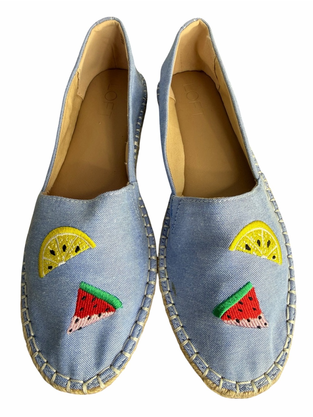 LOFT Chambray Fruit-Embroidered Espadrille Flats size 8M Blue Lemon Watermelon